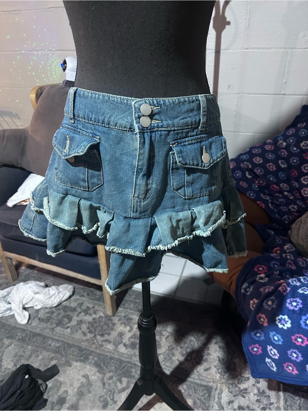 Social Collision Denim Ruffle Mini Skirt with Cargo Pockets - Blue